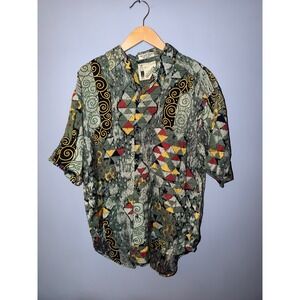 Vintage Goouch Rayon Abstract Geometric Scroll Print Button Down Shirt Small